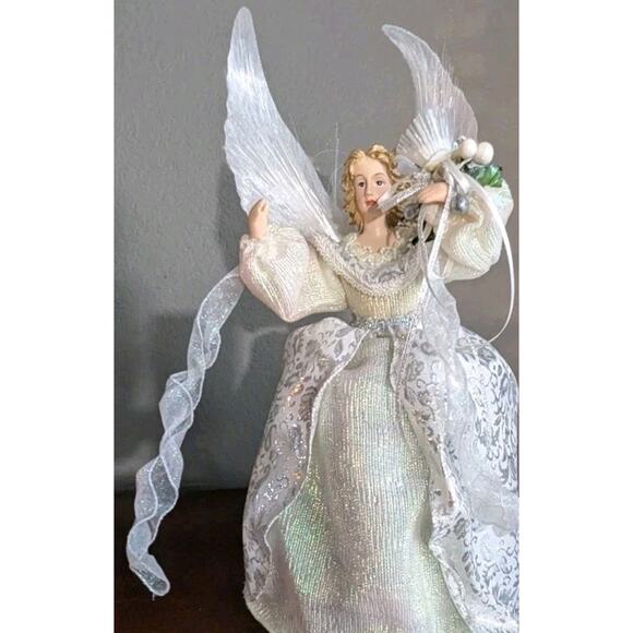Vtg Fiber Optic Angel Tree Topper Light Up Silver White Gown Christmas 15" - Picture 2 of 9